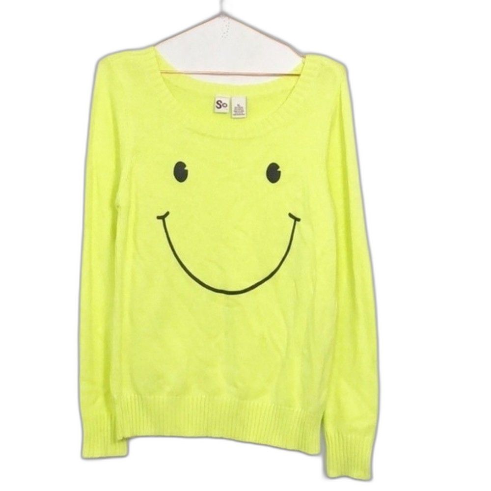 So Neon Yellow Smiley Face Scoop Neck Sweater New without Tags XL Y2K